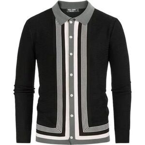 New Mens Long Sleeve Button Down Knitted Cardigan Sweaters, B-black+gray